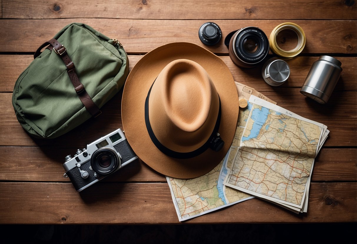 A woman's packable hat rests on a rustic wooden table, surrounded by camping gear and a map, hinting at adventure and outdoor exploration