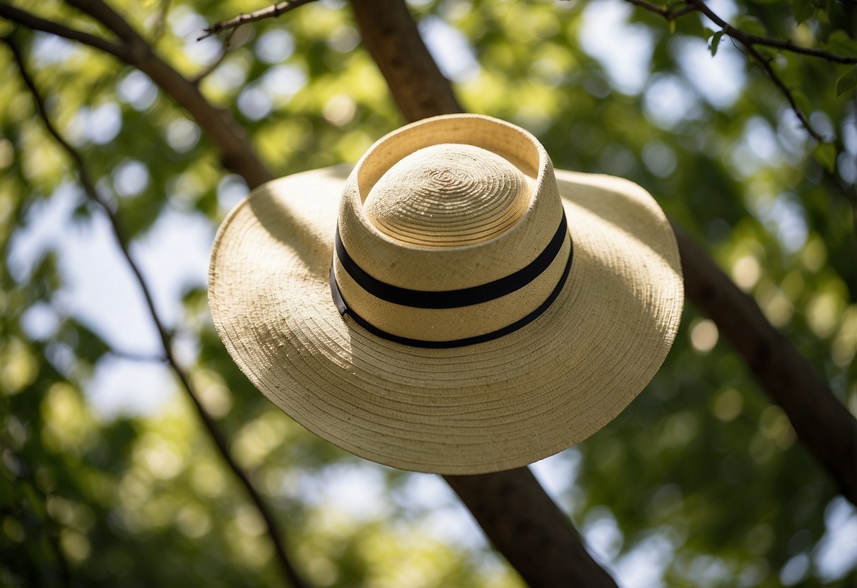 A woman's sun hat hangs on a tree branch, surrounded by lush green foliage and dappled sunlight