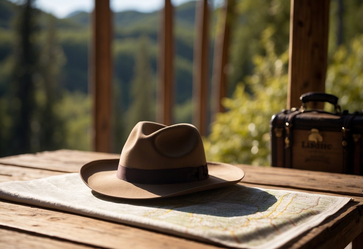 A woman's hat resting on a rustic wooden table, surrounded by outdoor gear and a map, with sunlight streaming in through a nearby window