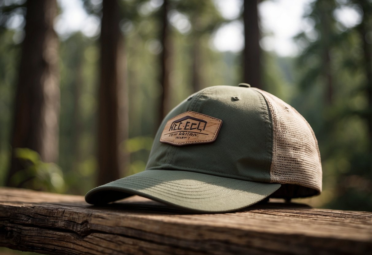 A woman's hat, the REI Co-op Screeline Cap, rests on a rustic wooden table surrounded by outdoor gear. The hat's lightweight, durable design is perfect for bushcraft adventures