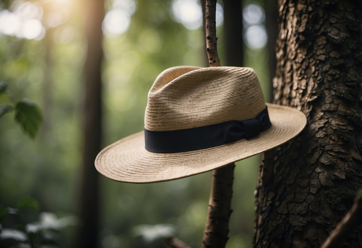 A woman's lightweight bushcraft hat hanging from a tree branch, surrounded by nature and outdoor gear