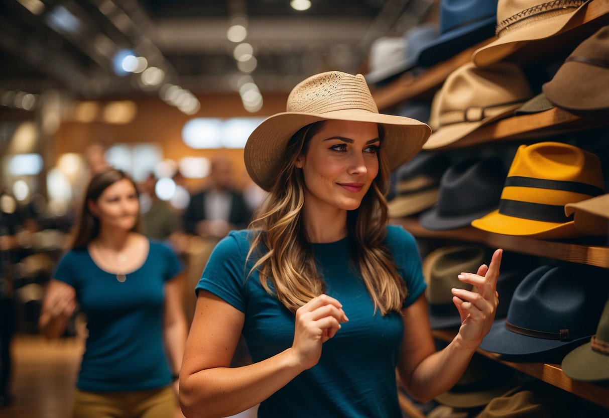 A woman comparing five lightweight bushcraft hats in a store, considering factors like material, fit, and sun protection