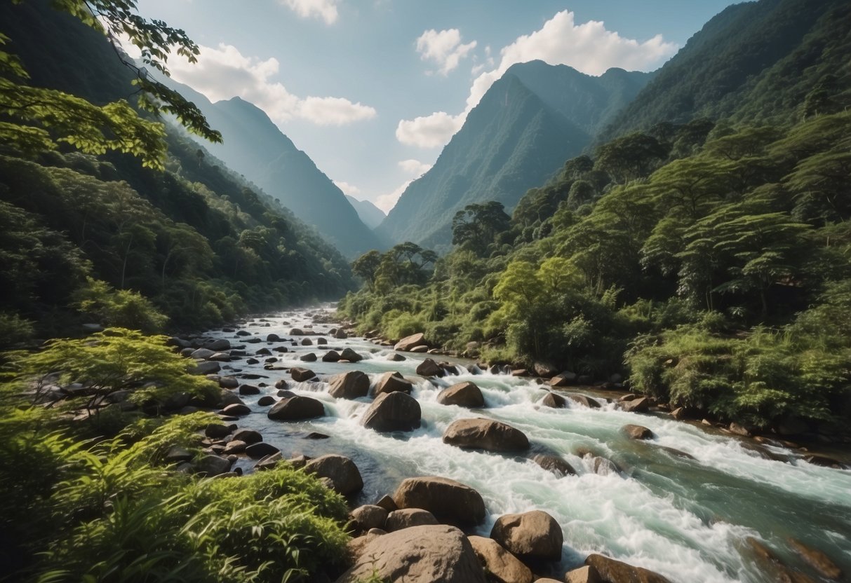 Lush green forests with winding trails, flowing rivers, and towering mountains create the backdrop for 10 scenic bushcraft routes in Asia