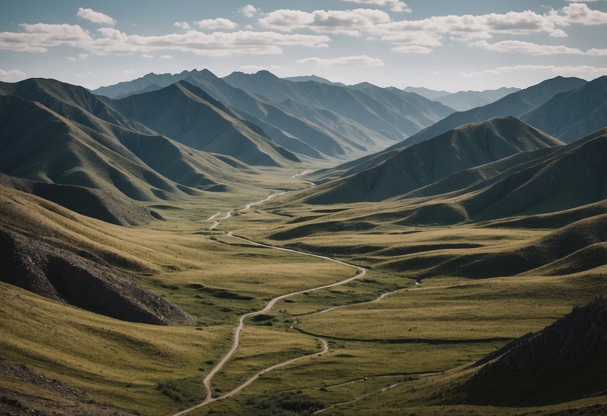 A rugged mountain range in Mongolia, with winding trails and lush vegetation. The landscape is dotted with scenic bushcraft routes, offering stunning views of the natural surroundings