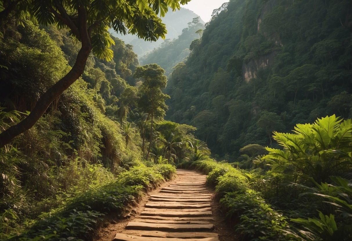 A narrow trail winds through lush greenery, leading to Kyauk Kalap Monastery in Myanmar. The path is surrounded by vibrant flora and towering trees, creating a serene and picturesque bushcraft route in Asia