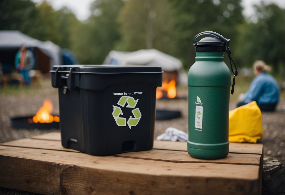 A campsite with labeled bins for recycling, composting, and general waste. A person using a reusable water bottle and cloth napkins. A fire pit with a metal grate for cooking