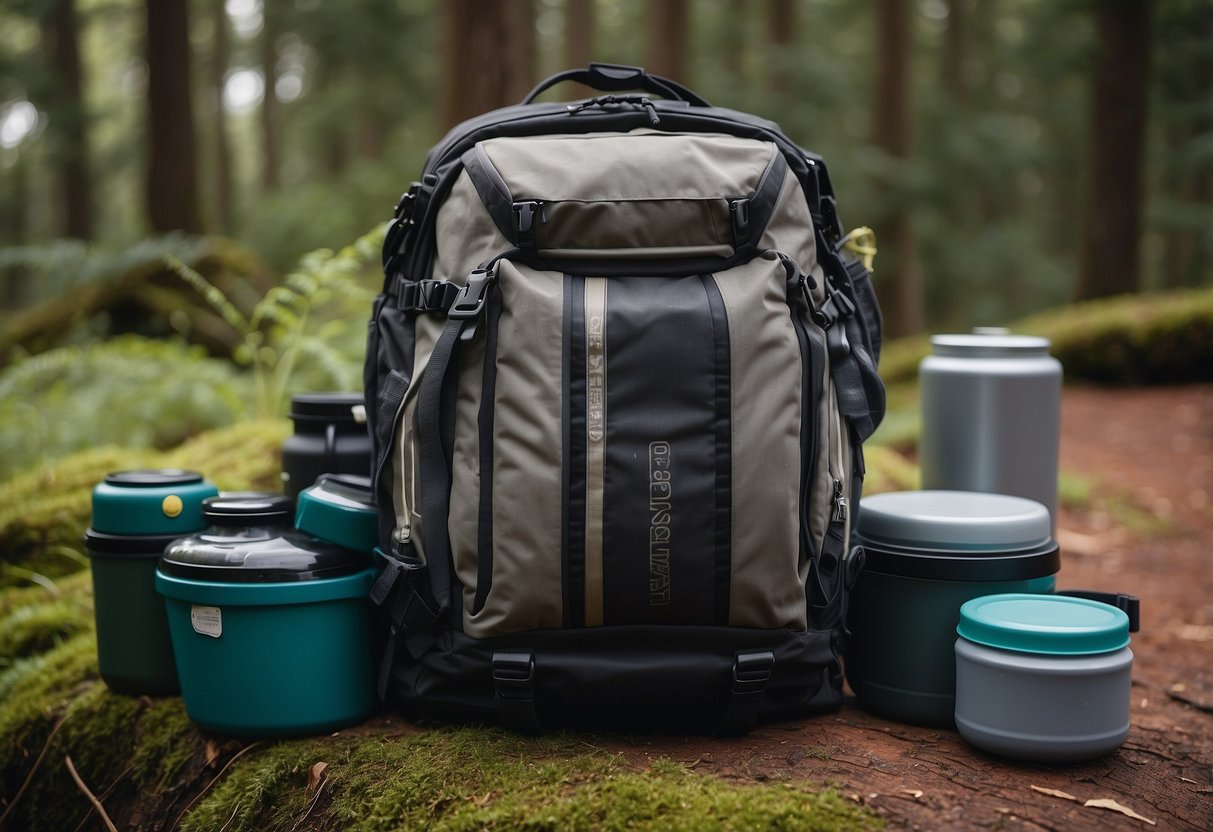 Reusable containers stacked in a backpack, surrounded by nature and camping gear. A bushcrafting scene with a focus on waste management