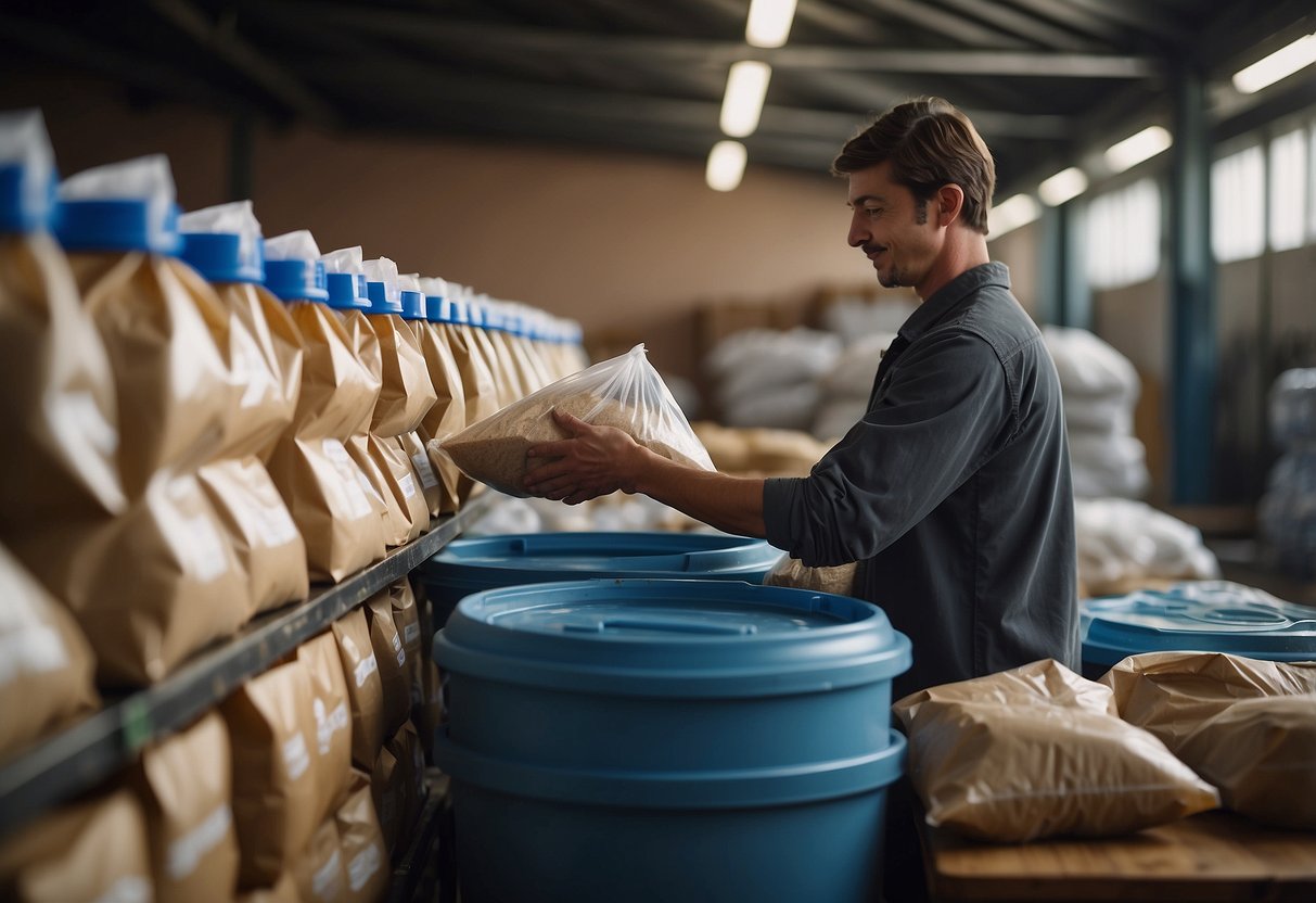 A person pouring dried goods from large containers into reusable bags and containers, with minimal packaging waste around them