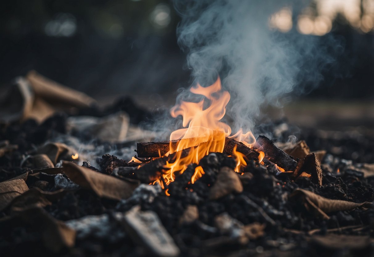 A controlled fire burns paper and organic waste, emitting smoke and ash