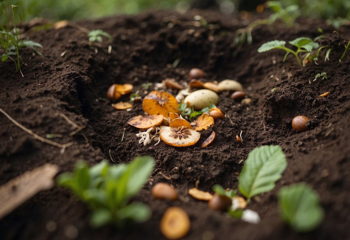 A pit dug in the ground with food scraps layered inside, surrounded by natural materials and covered to facilitate decomposition