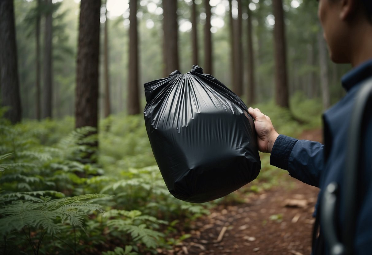 A hand reaches into a backpack, pulling out a portable trash bag. The bag is being carried through a forested area, surrounded by trees and natural debris