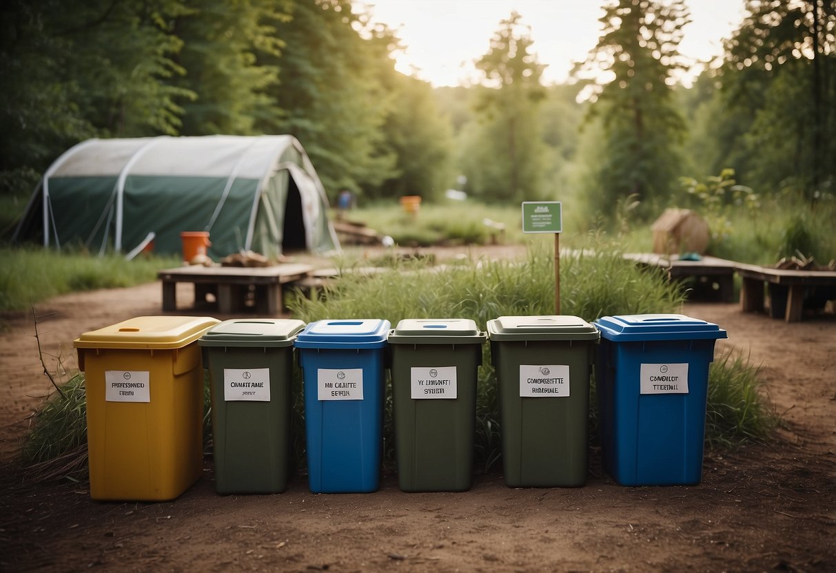 A bushcraft campsite with separate bins for recycling and waste, labeled with clear signs. Composting area, and reusable containers for food and water storage