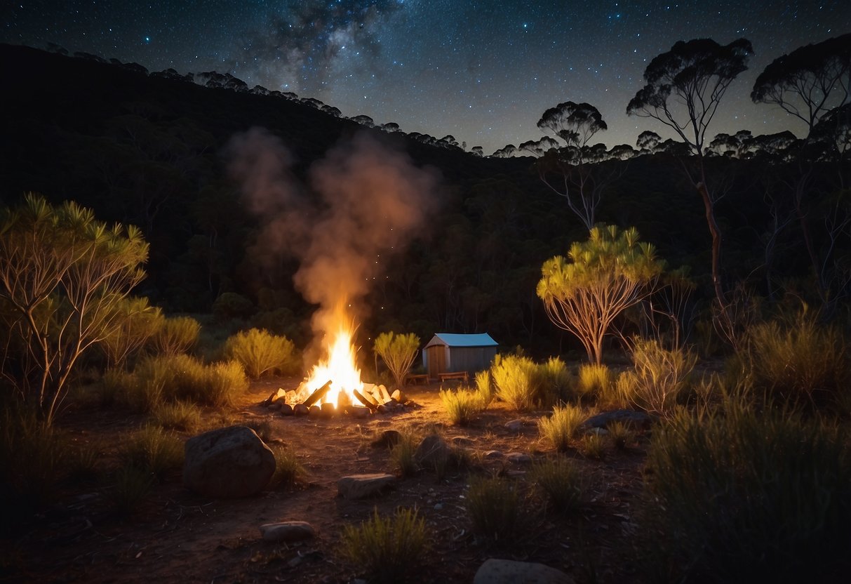 Lush Australian bushland with diverse flora, clear streams, and rocky outcrops. A campfire burns under a starry night sky