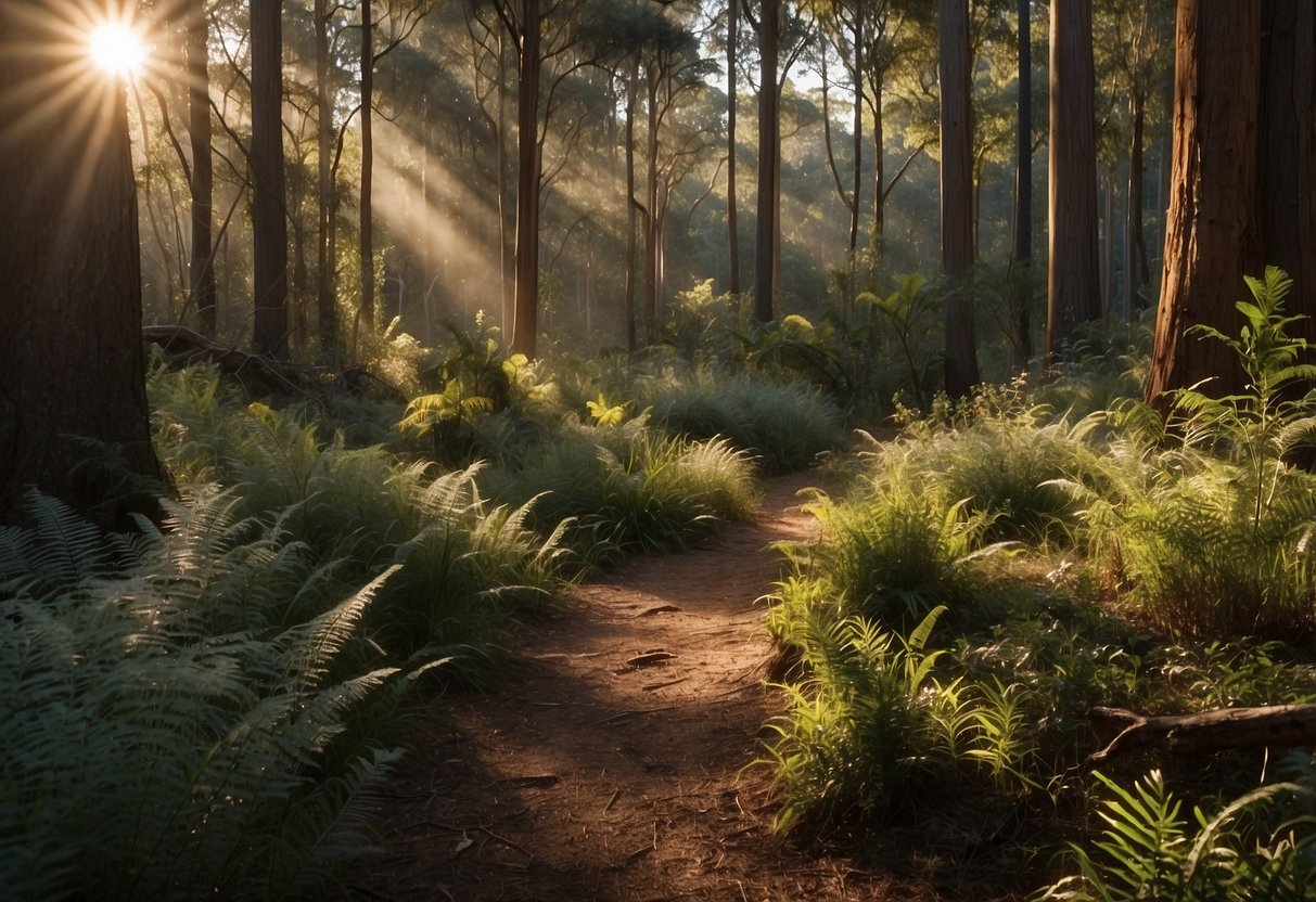 A tranquil forest clearing with a babbling creek, towering eucalyptus trees, and a variety of native flora and fauna. The sun casts dappled light on the forest floor, creating an inviting atmosphere for bushcraft activities