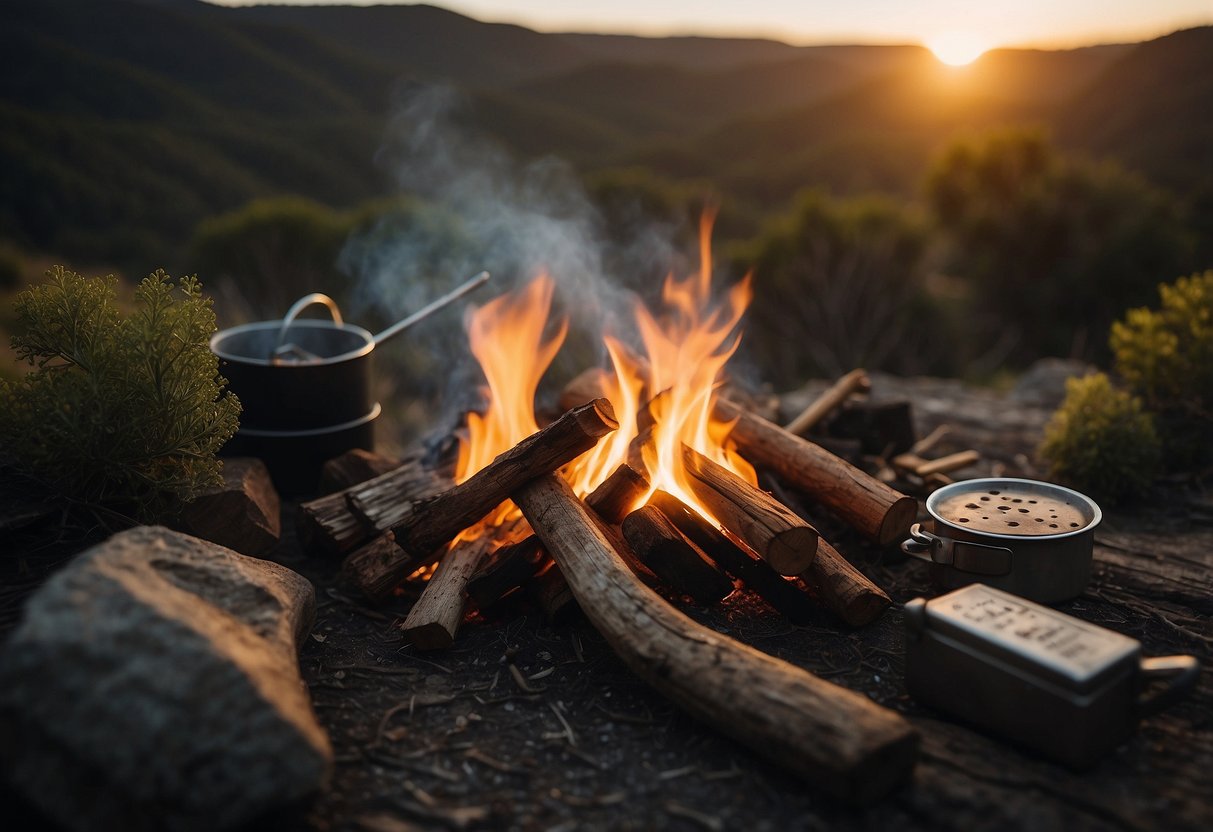 A campfire crackles in the Australian wilderness, surrounded by essential bushcraft tools. The backdrop showcases the diverse landscapes of the top bushcraft destinations in Australia