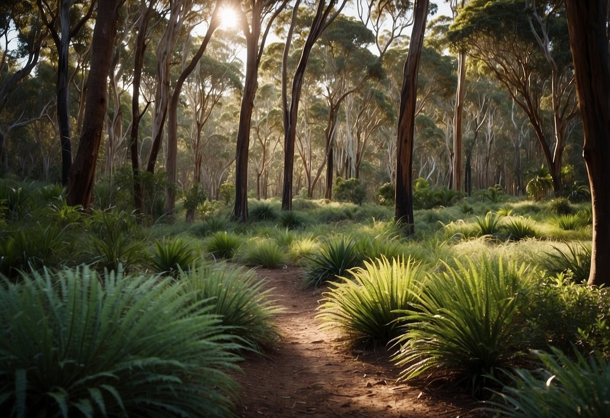 A lush Australian bushland with diverse flora and fauna, pristine rivers, and towering eucalyptus trees. A tranquil setting with minimal human impact, showcasing the beauty of environmental conservation and respect for nature