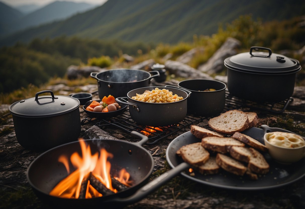 A campfire surrounded by various cookware and ingredients. A hiker's backpack sits nearby, filled with lightweight and nutritious meal options for bushcraft trips