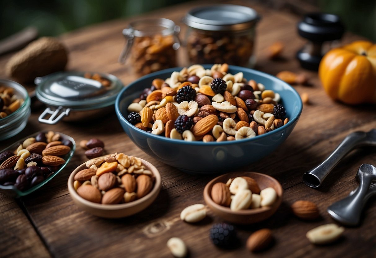 A pile of trail mix with dried fruits and nuts sits on a rustic wooden surface, surrounded by lightweight camping gear. The scene evokes the idea of a nutritious and convenient meal for bushcraft trips