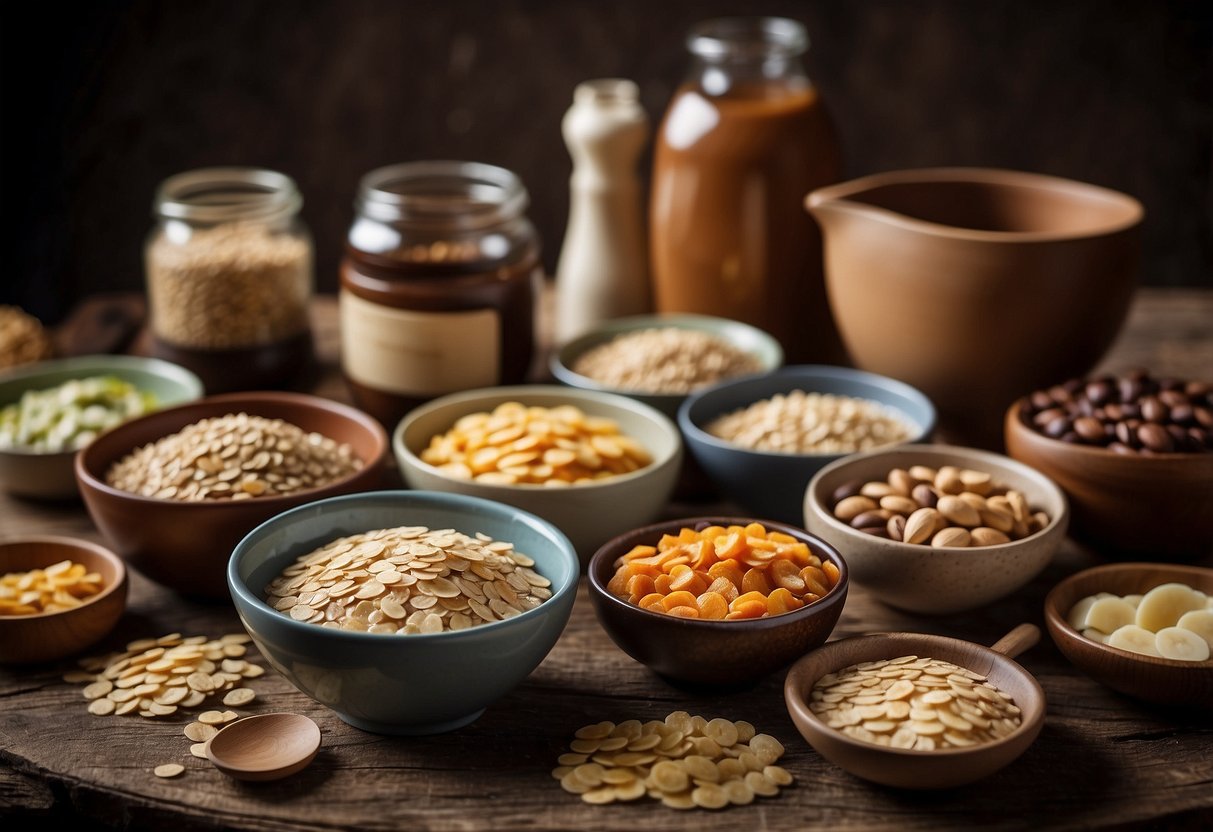 A table displaying various instant oatmeal packets surrounded by lightweight, nutritious meal ingredients for bushcraft trips