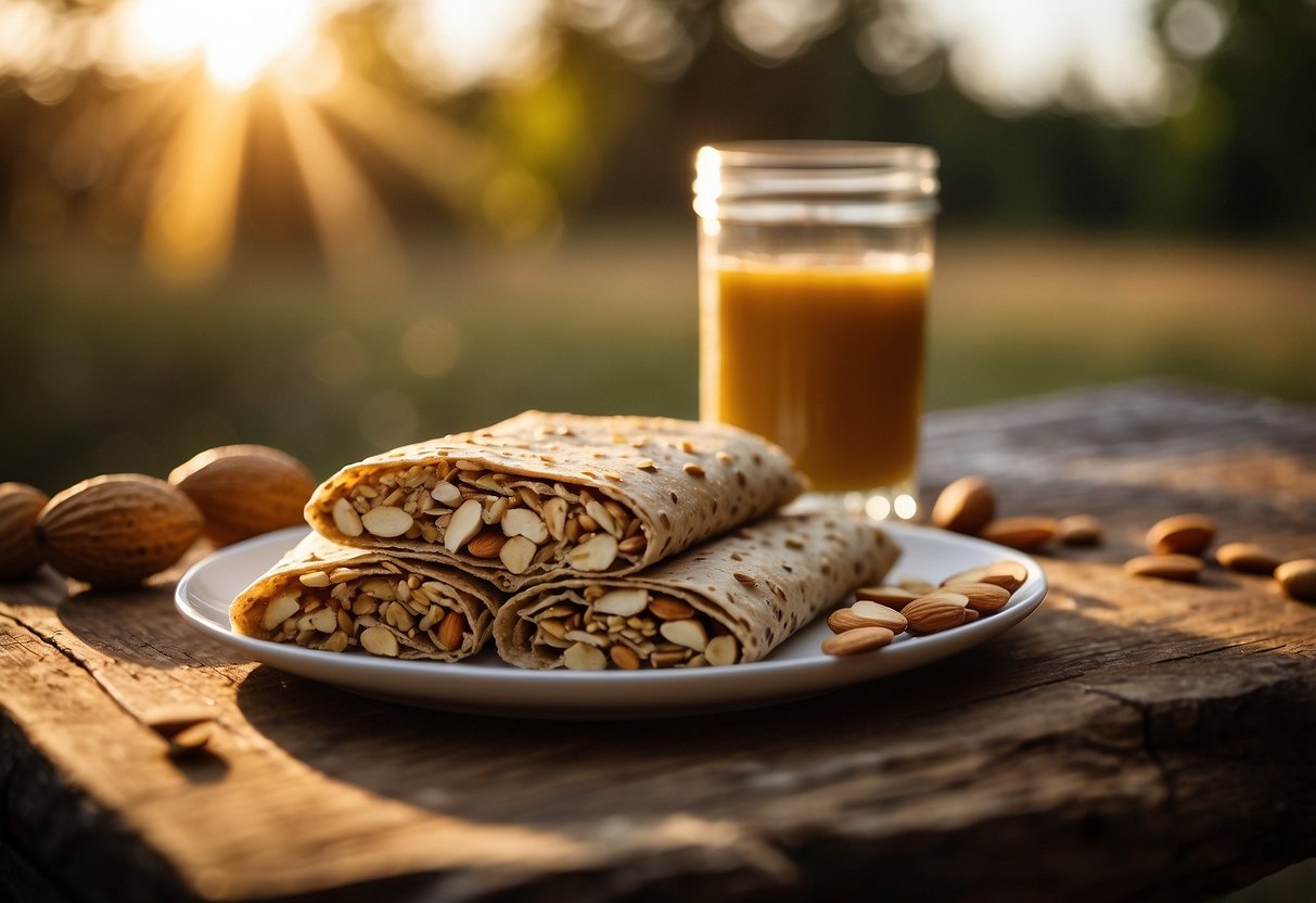 Whole grain wraps spread with almond butter sit neatly on a rustic wooden table, surrounded by a scattering of nuts and seeds. The soft, golden light of a campfire dances across the scene, creating a warm and inviting atmosphere