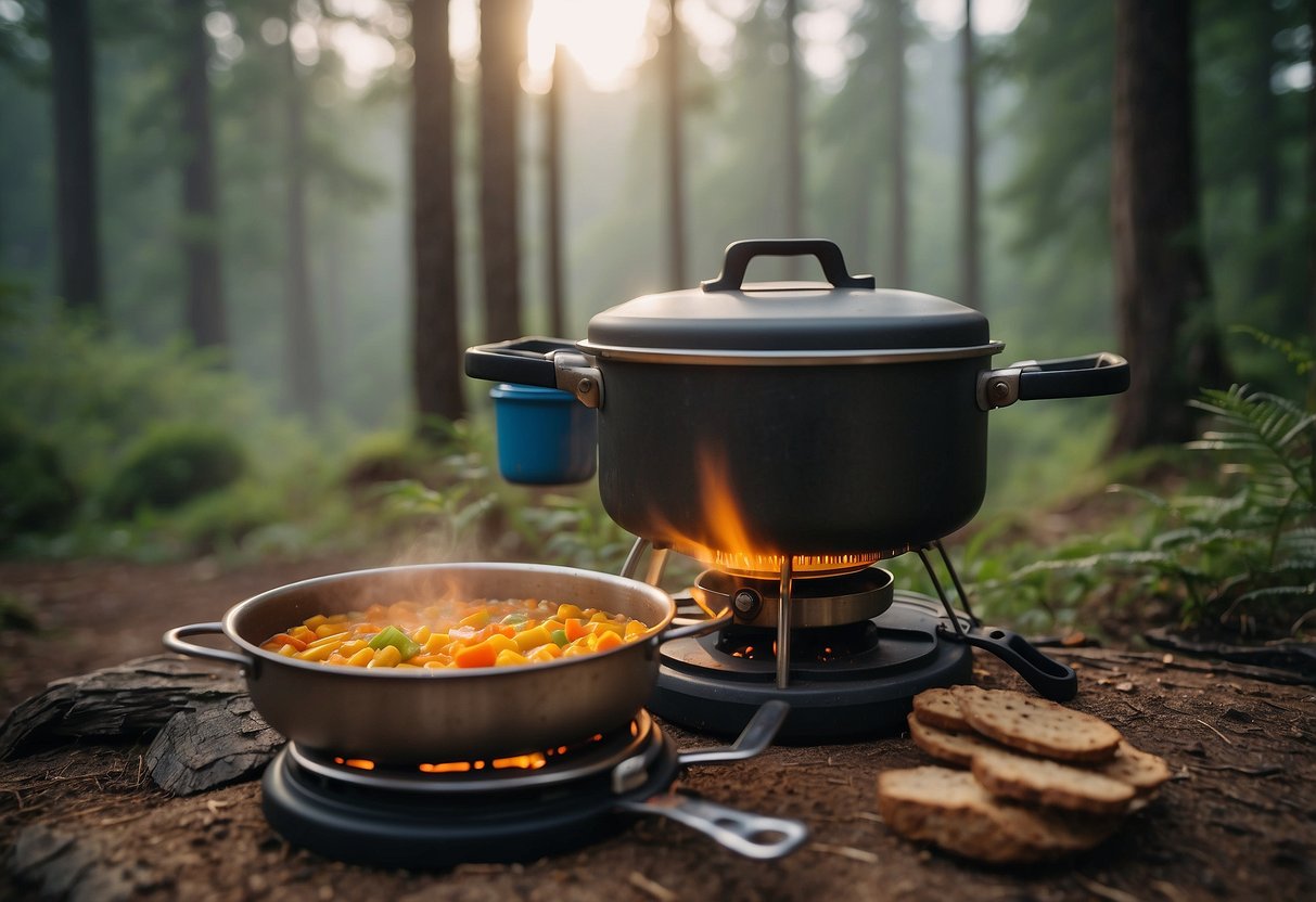 A camping stove heats a pot of dehydrated vegetable soup mix while a backpack and hiking boots sit nearby. Forest trees and a clear sky form the backdrop