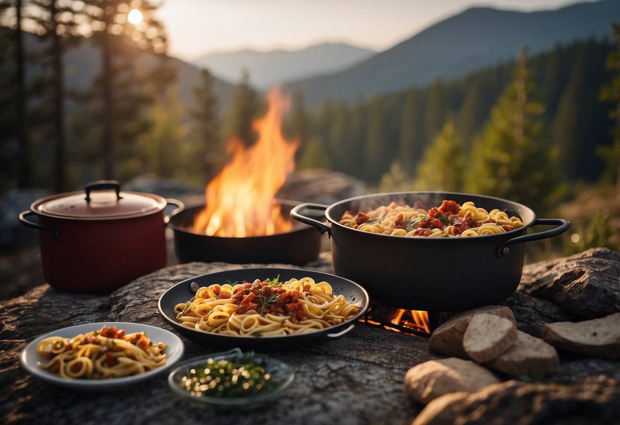 A pot of sun-dried tomato and olive pasta simmering over a campfire, surrounded by lightweight camping gear and a scenic wilderness backdrop