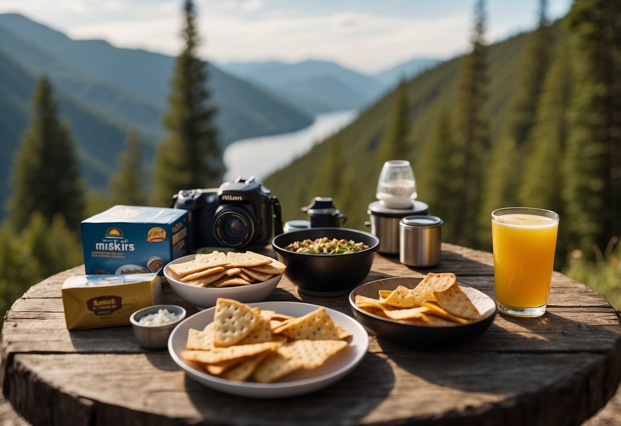 A table with open tuna packets and crackers, surrounded by camping gear and a scenic wilderness backdrop