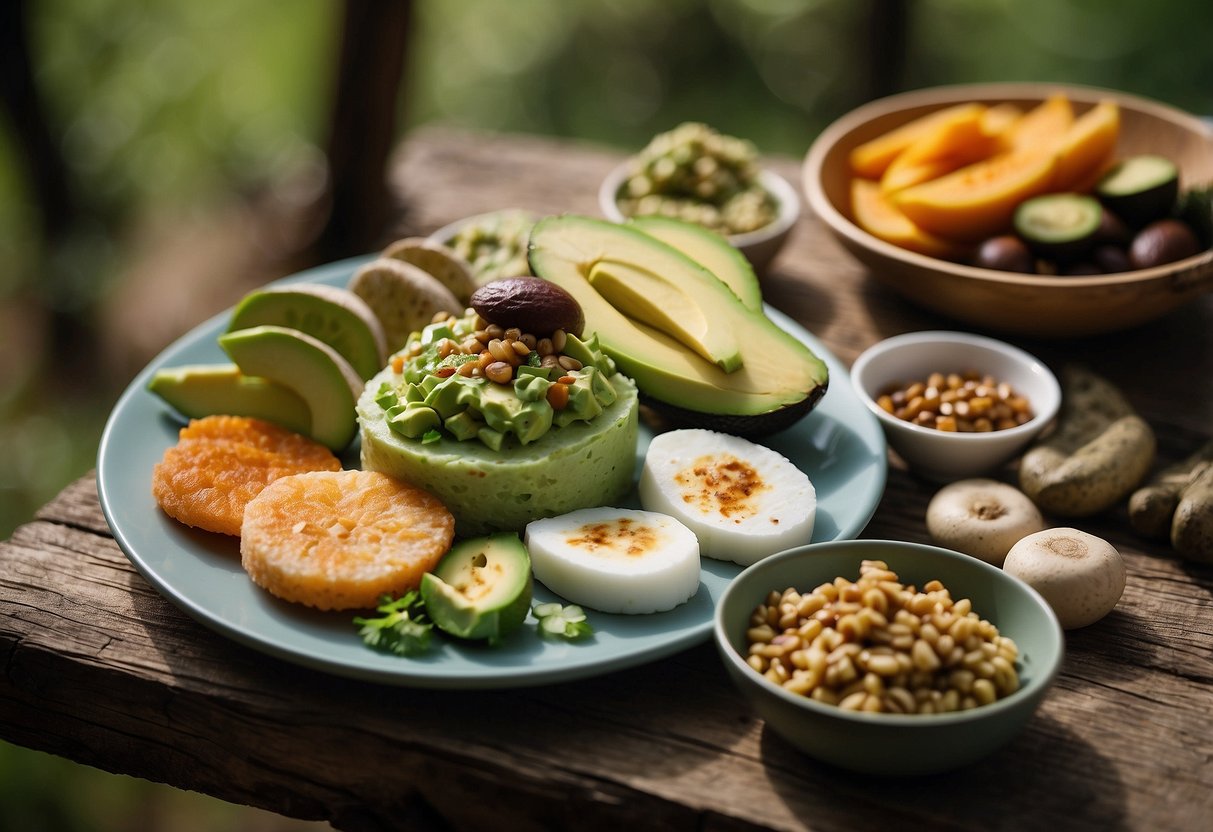 A plate of rice cakes topped with avocado spread, surrounded by lightweight and nutritious meal items for bushcraft trips