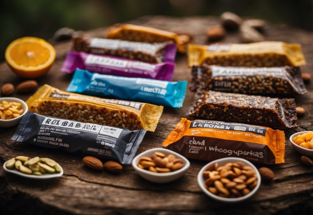 A variety of energy bars, such as LÄRABAR and RXBAR, arranged neatly alongside 10 lightweight and nutritious meal ideas for bushcraft trips