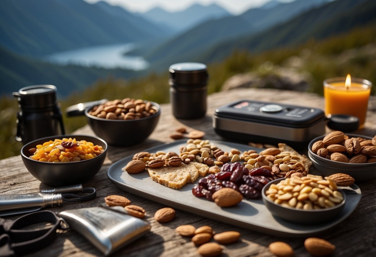 A table with a map, compass, and various lightweight meal ingredients like nuts, dried fruits, and jerky. A backpack and camping gear are nearby