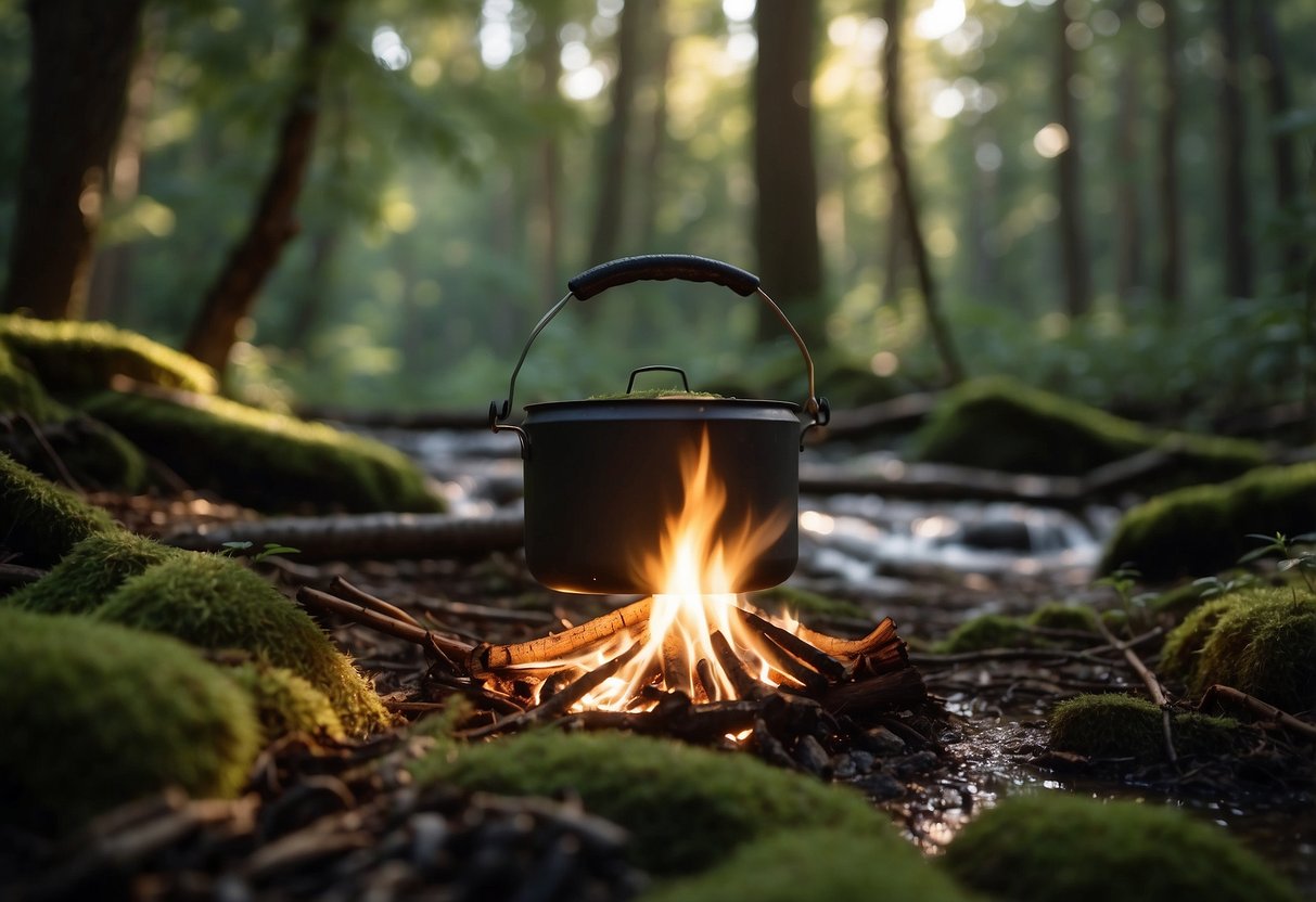 A serene forest clearing with a bubbling stream, surrounded by lush greenery and towering trees. Sunlight filters through the leaves, casting dappled shadows on the forest floor. A small campfire smolders in the center, with a pot of