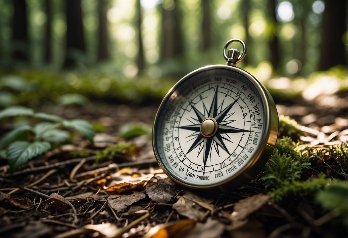 A compass and map lay on the forest floor, surrounded by lush greenery and towering trees. The sun filters through the leaves, casting dappled shadows on the ground