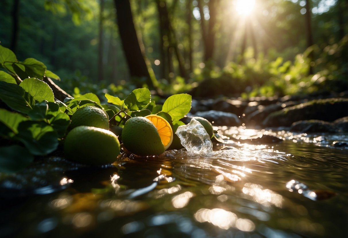 Lush green forest with a clear stream. Various fruits and vegetables scattered around. Water bottles and hydration packs nearby. Sun shining through the trees