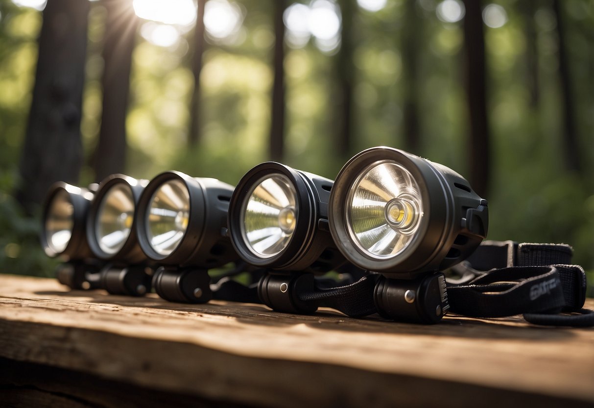 A group of five lightweight headlamps arranged on a wooden table with a backdrop of outdoor bushcraft gear and tools