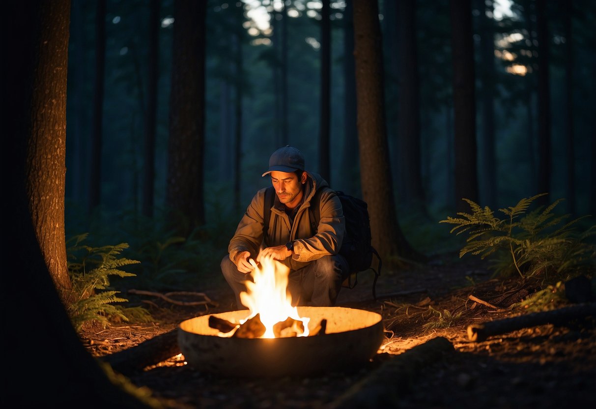 A forest clearing at dusk, with a small campfire illuminating a figure adjusting a Fenix HL60R headlamp. Surrounding trees cast long shadows