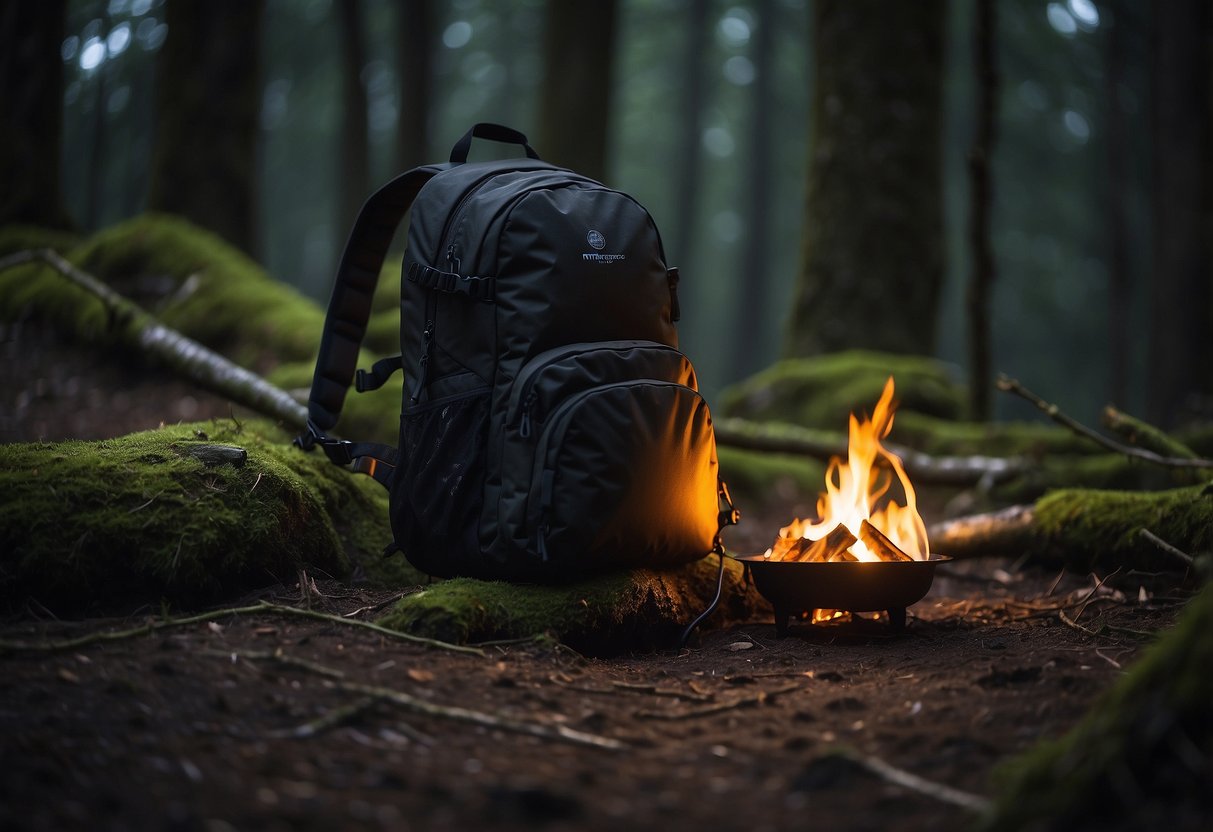 A dark forest with a small campfire, a backpack, and the Nitecore NU25 headlamp hanging from a tree branch