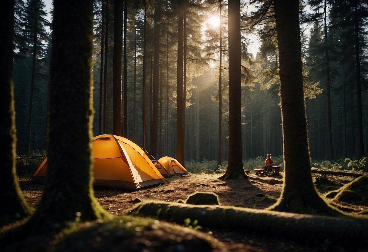 A forest clearing with a campsite, surrounded by tall trees. A person is using a lightweight headlamp to illuminate the area while engaging in bushcraft activities