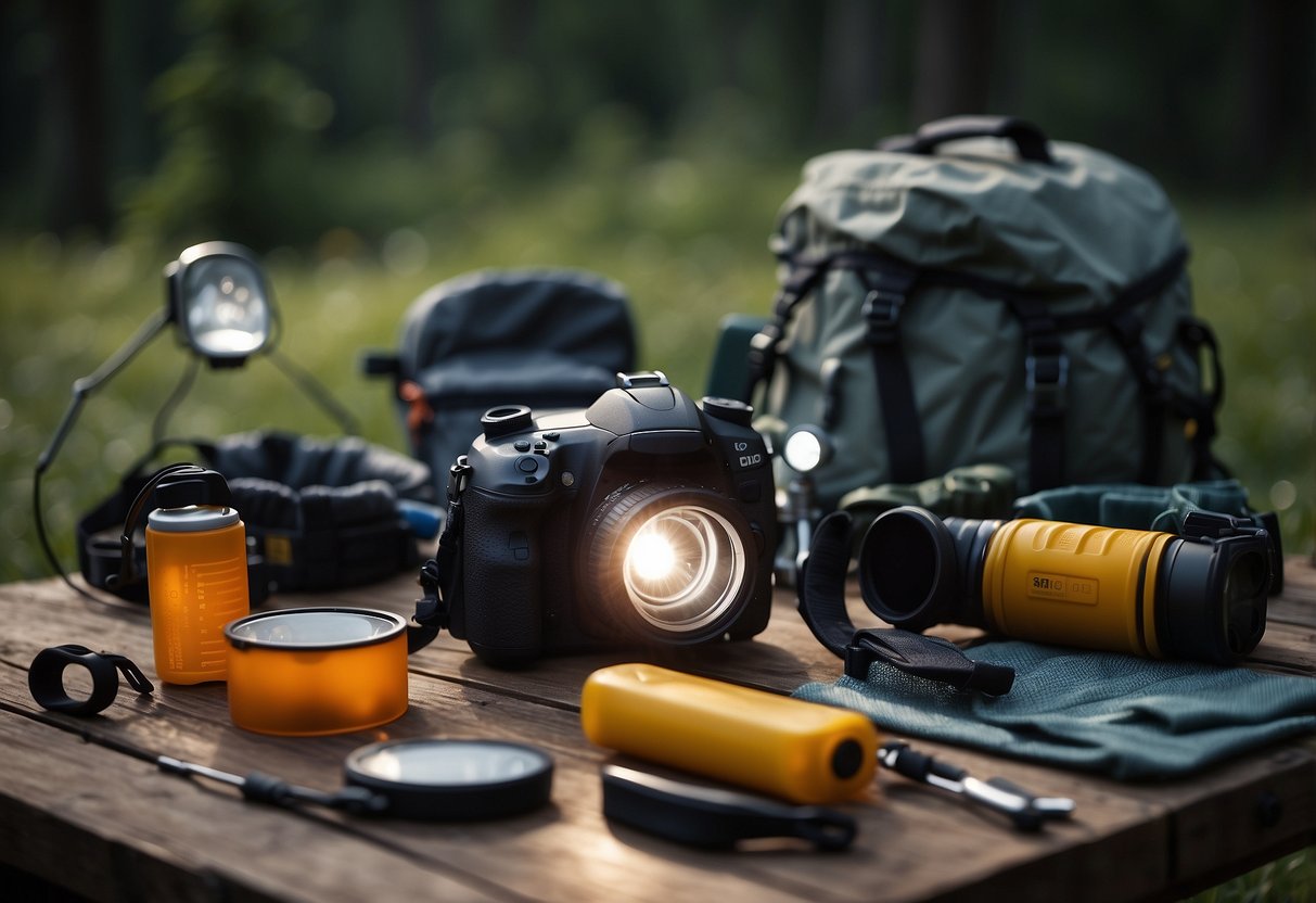 A table with various lightweight headlamps, surrounded by camping gear and tools. A checklist of care and maintenance tips is displayed nearby