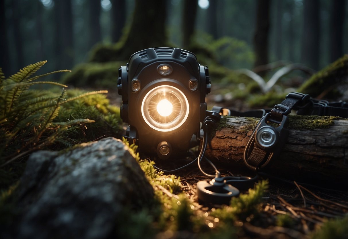 A bushcraft scene with various lightweight headlamps displayed, surrounded by common mistakes to avoid