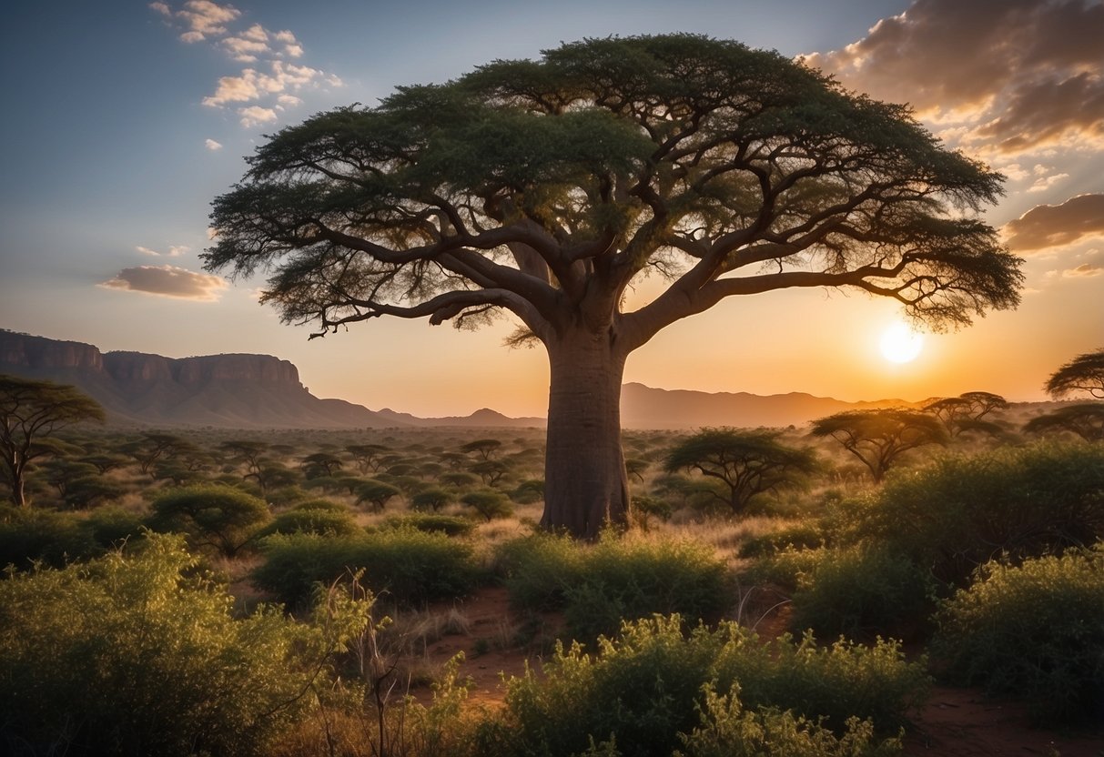 African bushcraft scene: lush forest, clear stream, diverse wildlife, towering baobab trees, rugged mountains, and colorful sunsets