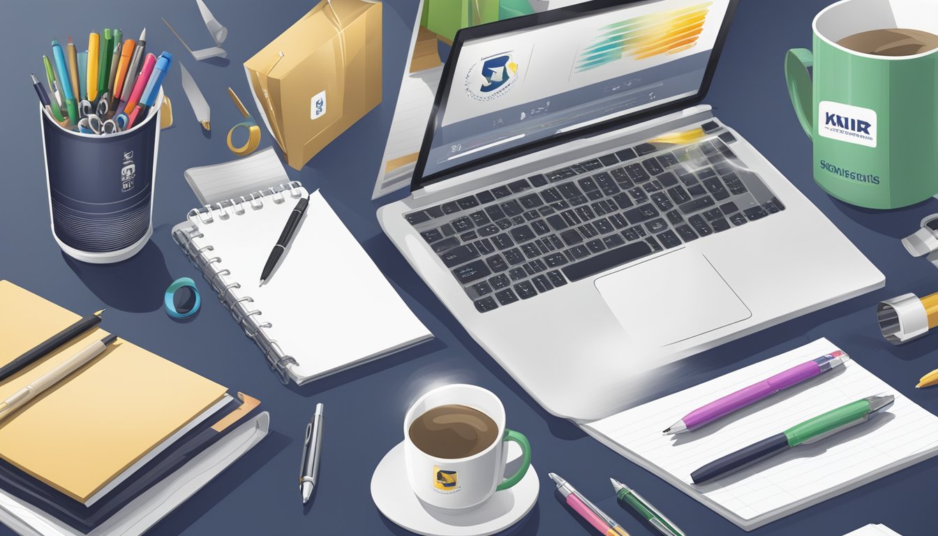 A table scattered with corporate gifts, logo-printed mugs, pens, and notebooks. A banner with the company name hangs in the background