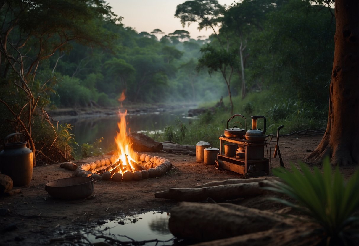 A serene African landscape with lush vegetation, towering trees, and a winding river. A campfire burns in the center, surrounded by various bushcraft tools and equipment