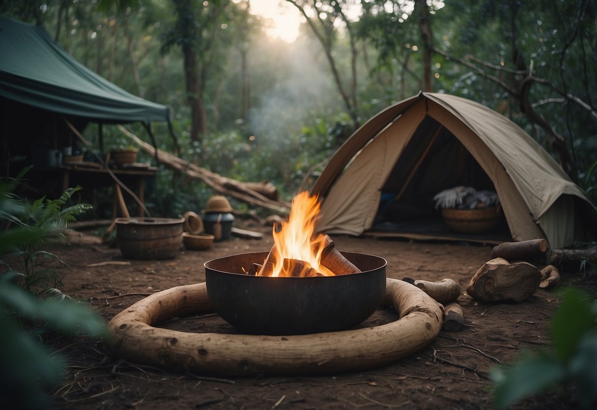 African bushcraft scene: Dense forest with a clear stream, wild animals, and a makeshift shelter with tools and fire pit