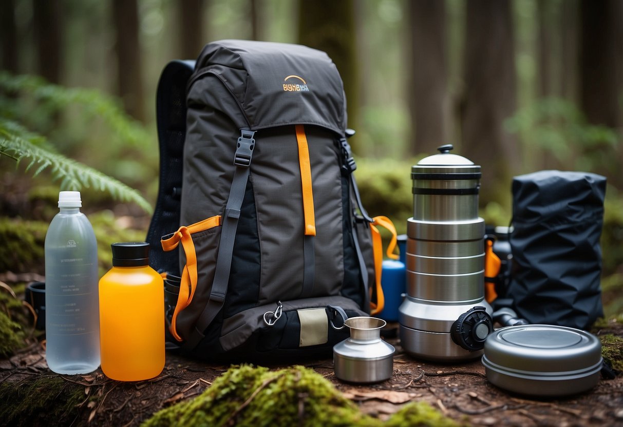 A backpack with lightweight gear, a compact stove, and minimal food. A water filtration system, multi-purpose tools, and a small tarp for shelter. All neatly organized and ready for a bushcraft trip