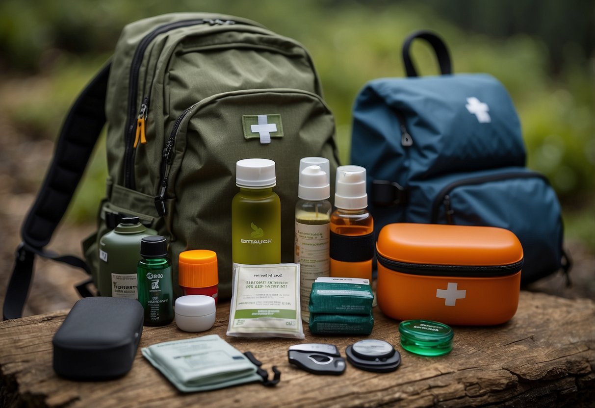 A compact first aid kit sits next to a backpack with lightweight gear for bushcraft trips. The kit includes essentials for emergencies in the wilderness