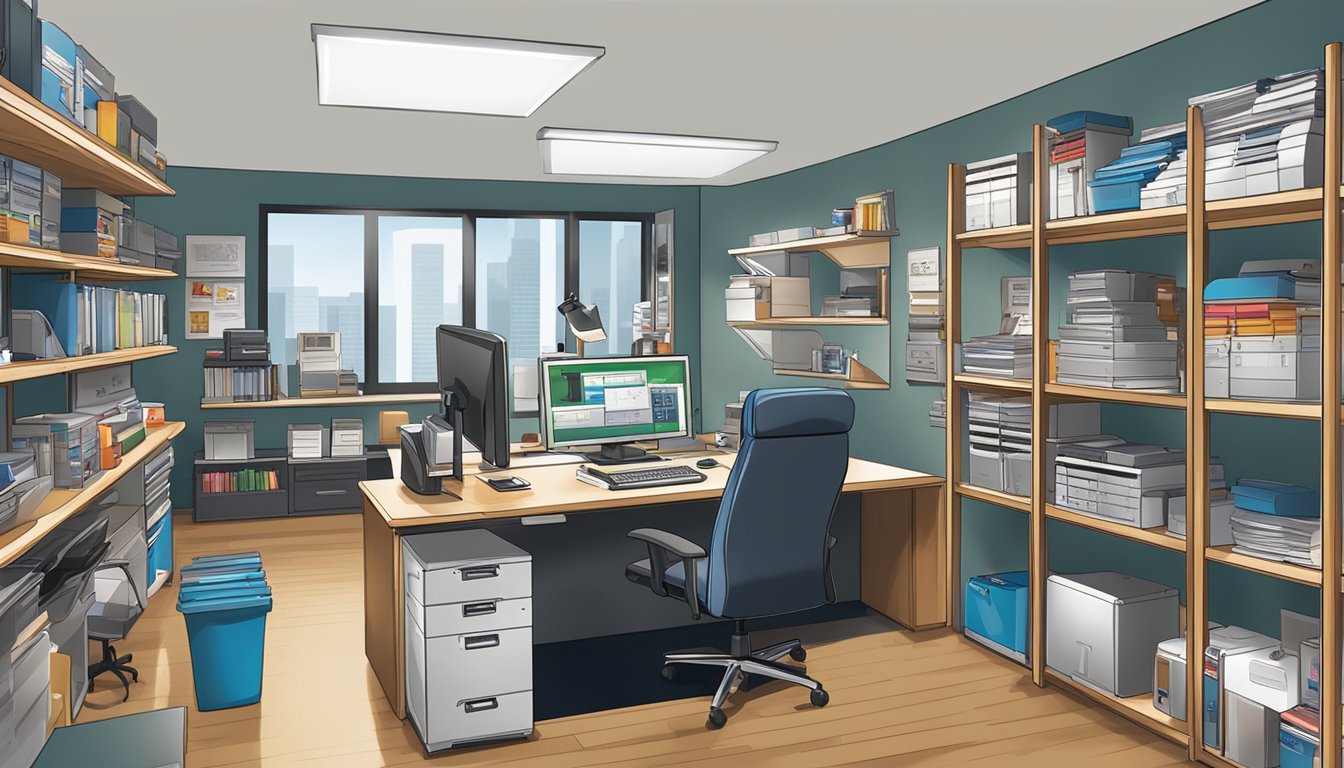 A busy office with shelves of promotional items, logoed products, and printing equipment. The company logo prominently displayed on the wall