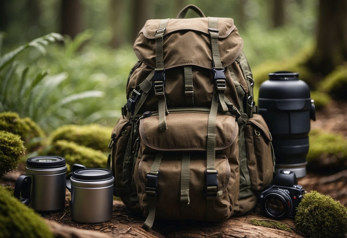 A bushcraft backpack with lightweight essentials, compacted and organized for efficiency, surrounded by nature's elements