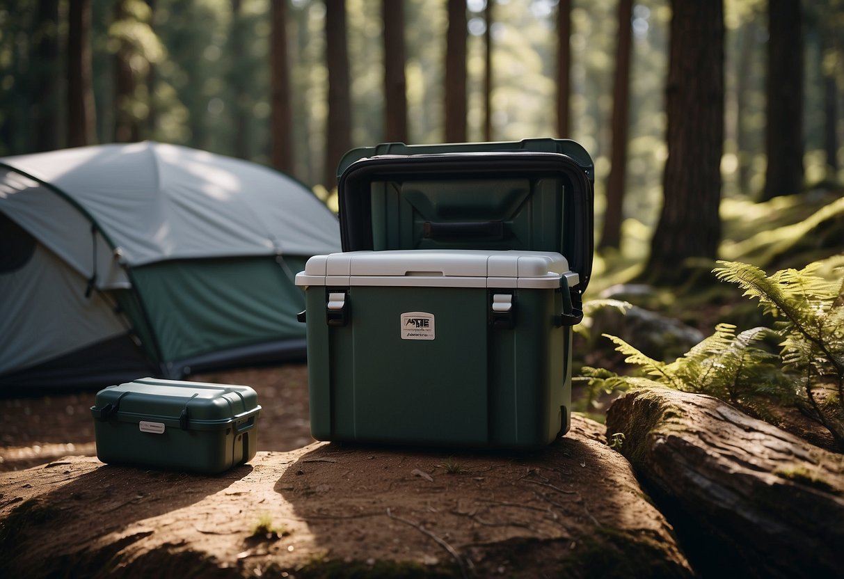 A campsite with 5 rugged, insulated coolers surrounded by trees and outdoor gear. The coolers are shown being used to store food and drinks in a natural, wilderness setting