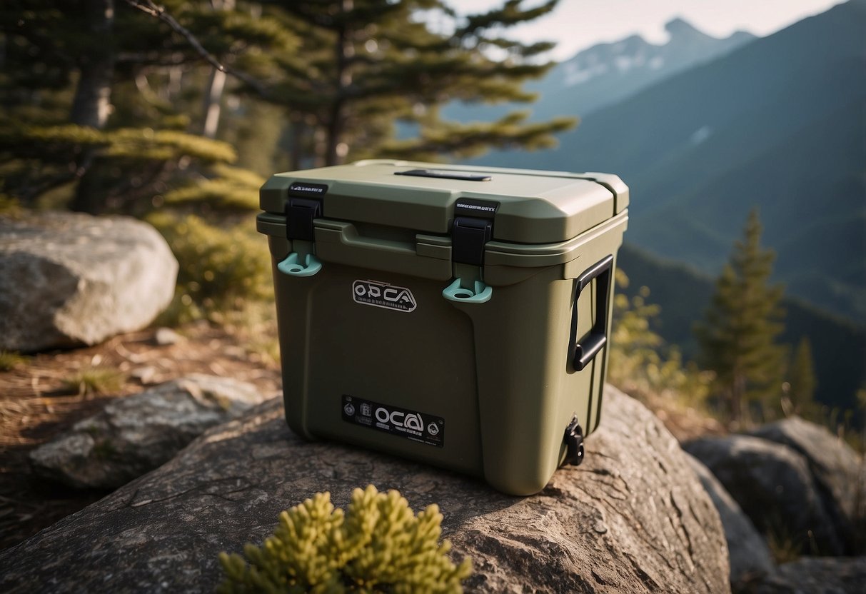 A 20-quart ORCA cooler sits in a rugged outdoor setting, surrounded by bushcraft gear and tools. The cooler is sturdy and durable, with a rugged design that complements the wilderness setting