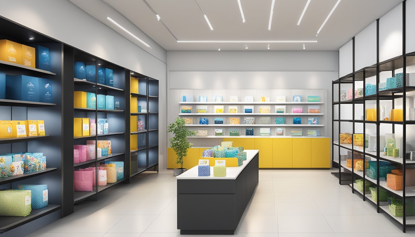 A diverse array of corporate gifts from Global Asia Printings Pte Ltd displayed on sleek, modern shelves in a well-lit showroom